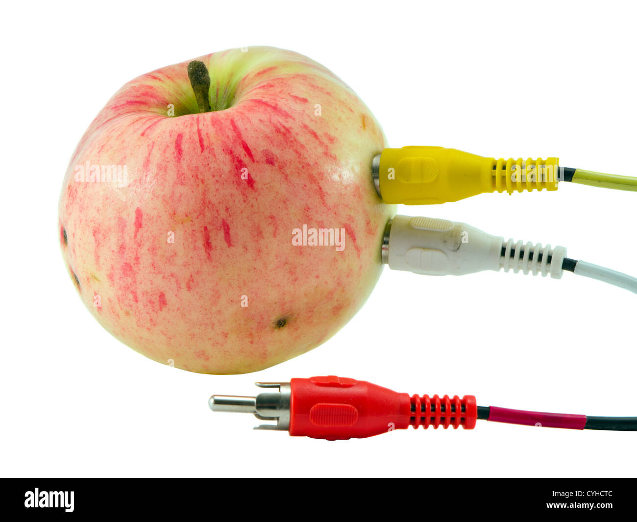Tulip audio video fili spine collegate al concetto di apple. Colorata rosso giallo cavi bianchi con note. Foto Stock