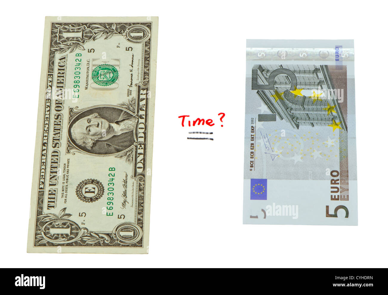 Concetto confronta USD dollaro ed euro europeo di carta moneta. Foto Stock