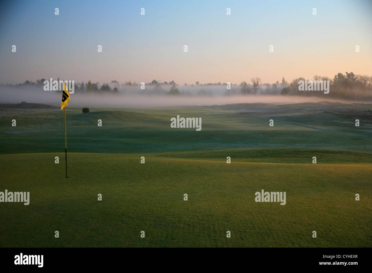 Bandiera di golf sul green in early morning mist e nebbia Foto Stock