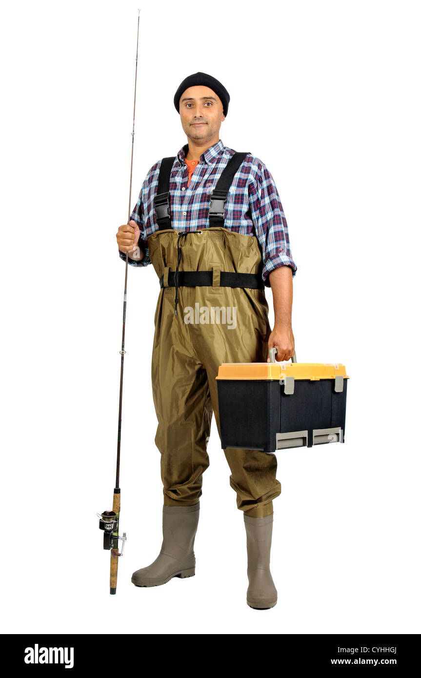 Pescatore con canna da pesca isolato in bianco Foto Stock