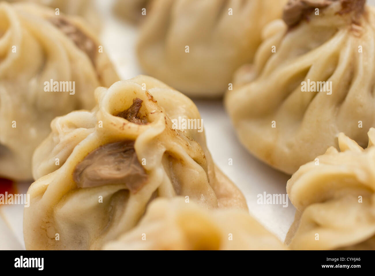 Gnocchi tibetano chiamato 'momo' nel Piccolo Tibet, Queens, a New York, Stati Uniti d'America Foto Stock