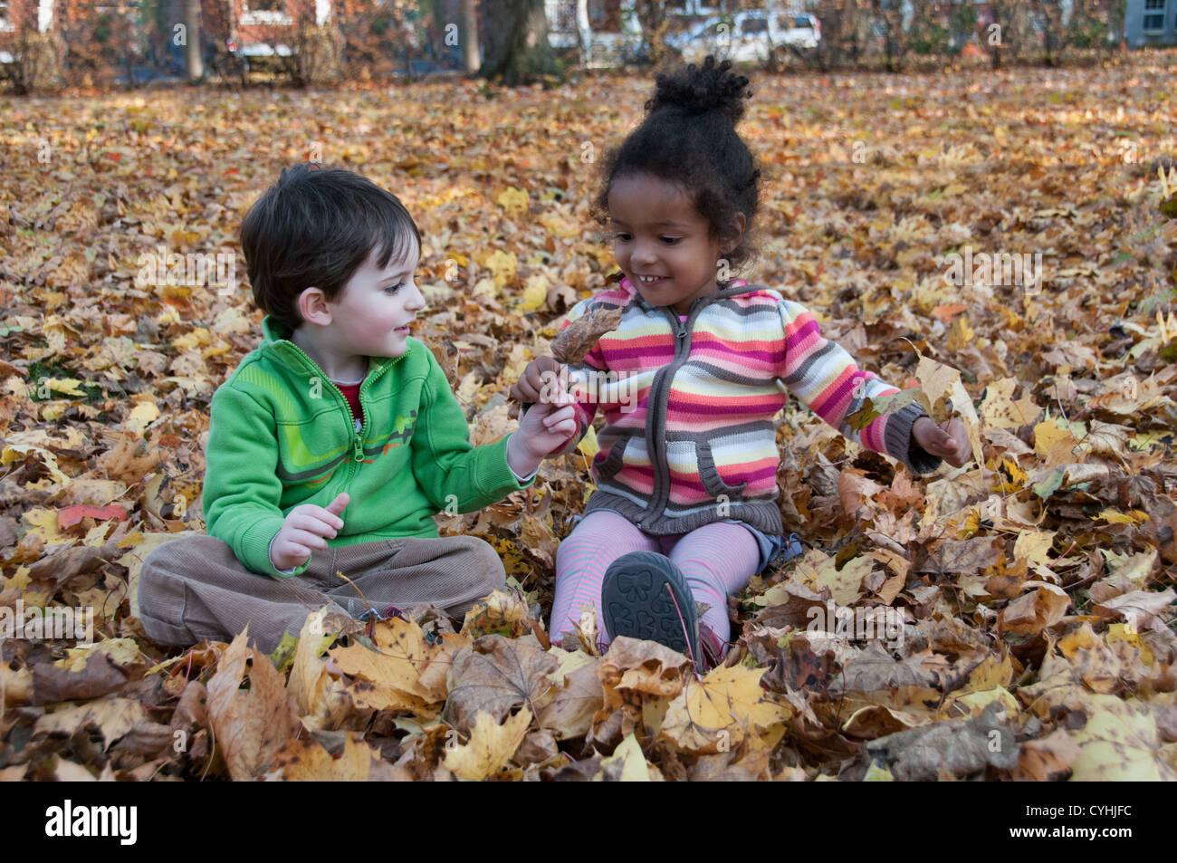 Due bambini che giocano in foglie Foto Stock