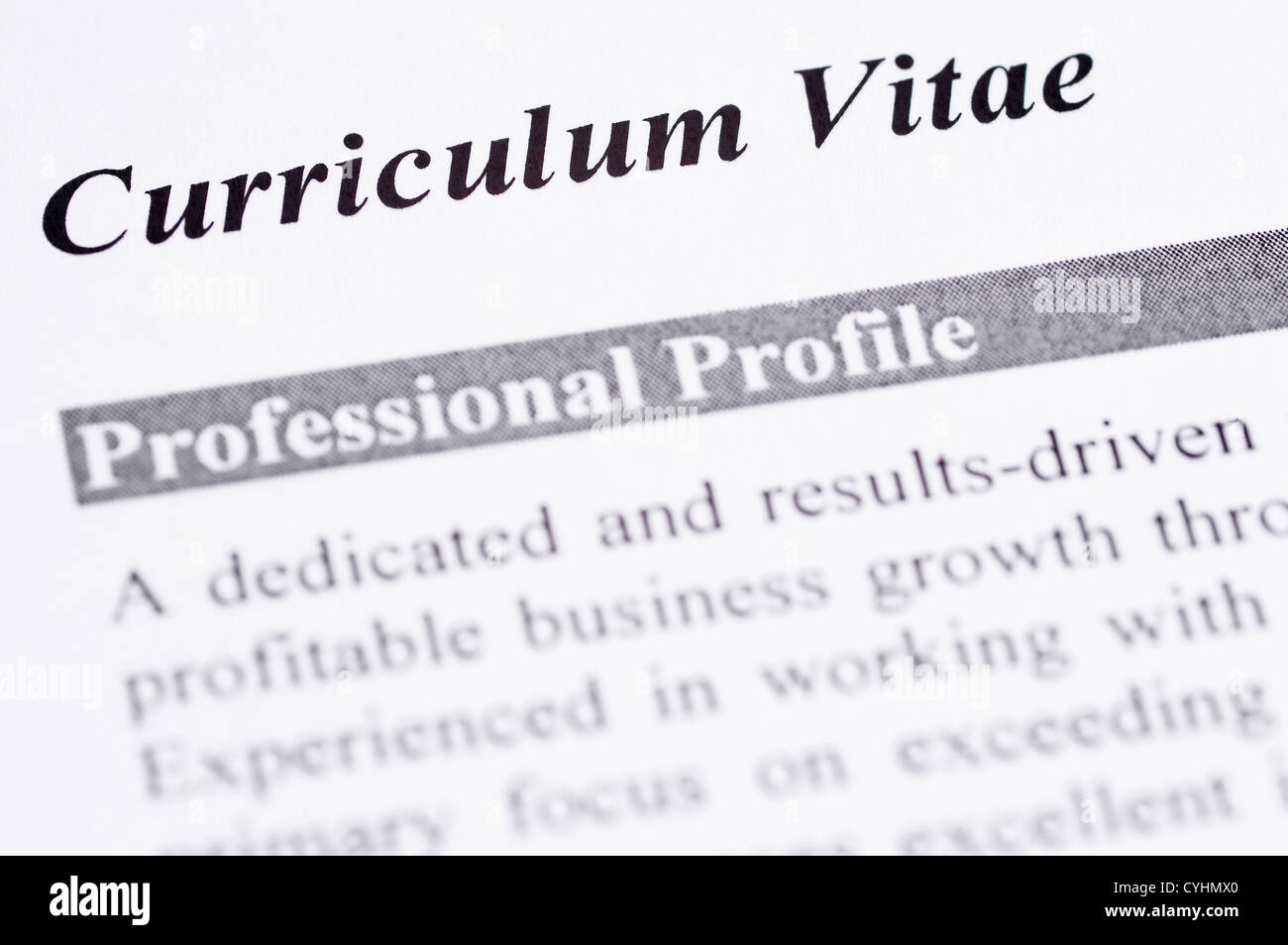 Close up di un Curriculum Vitae con profilo professionale Foto Stock