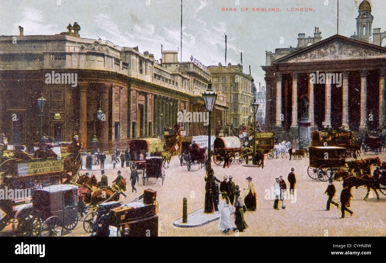 Bank of England, City of London 1890s 1900s UK. Cabine Hansom cartolina edoardiana. Cavalli utilizzati in una città vittoriana di Londra. Foto Stock