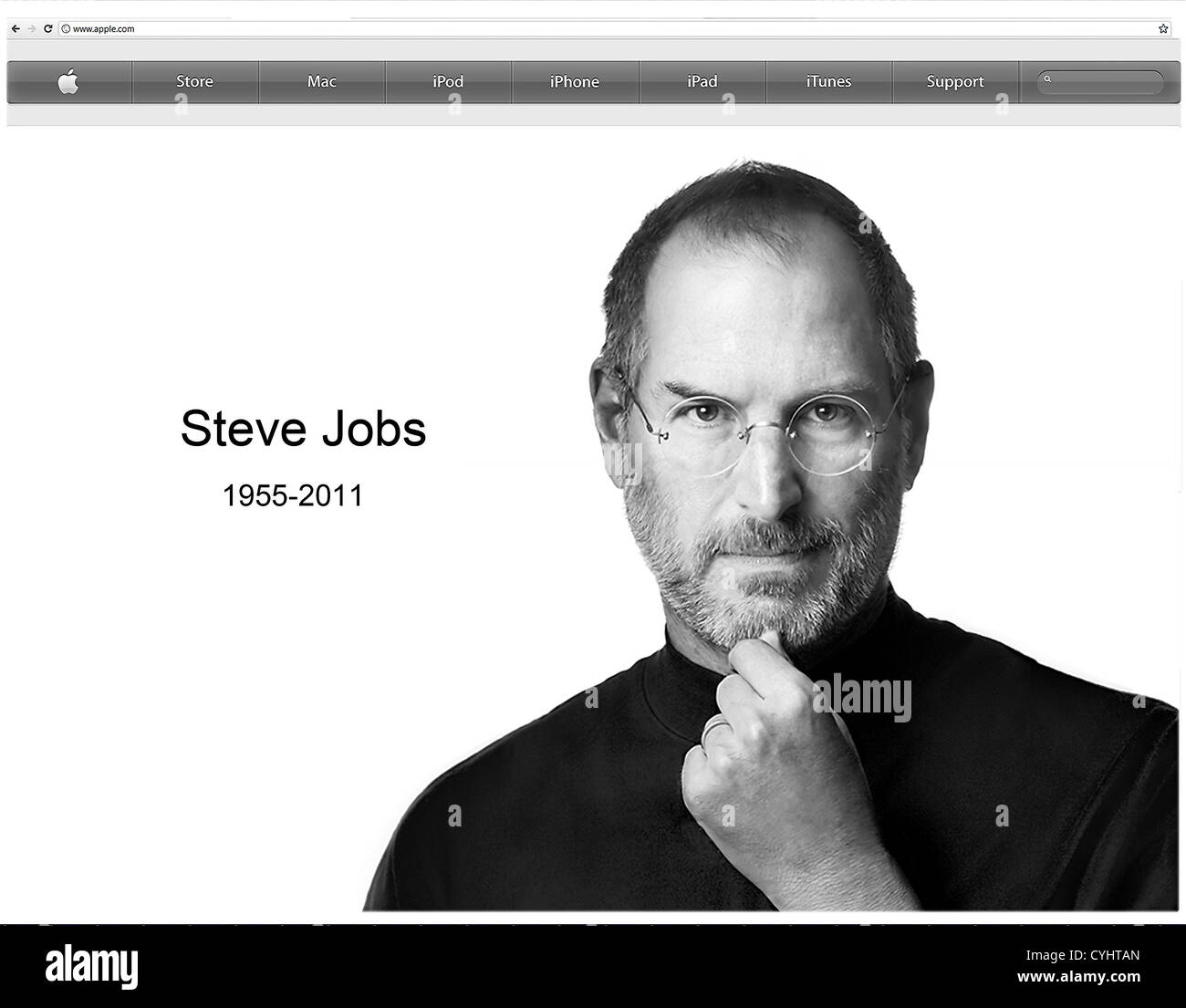 Pagina iniziale di Apple in tributo a Steve Jobs (1955-2011), cofondatore di Apple, dopo la sua morte nell'ottobre 2011, screenshot Foto Stock