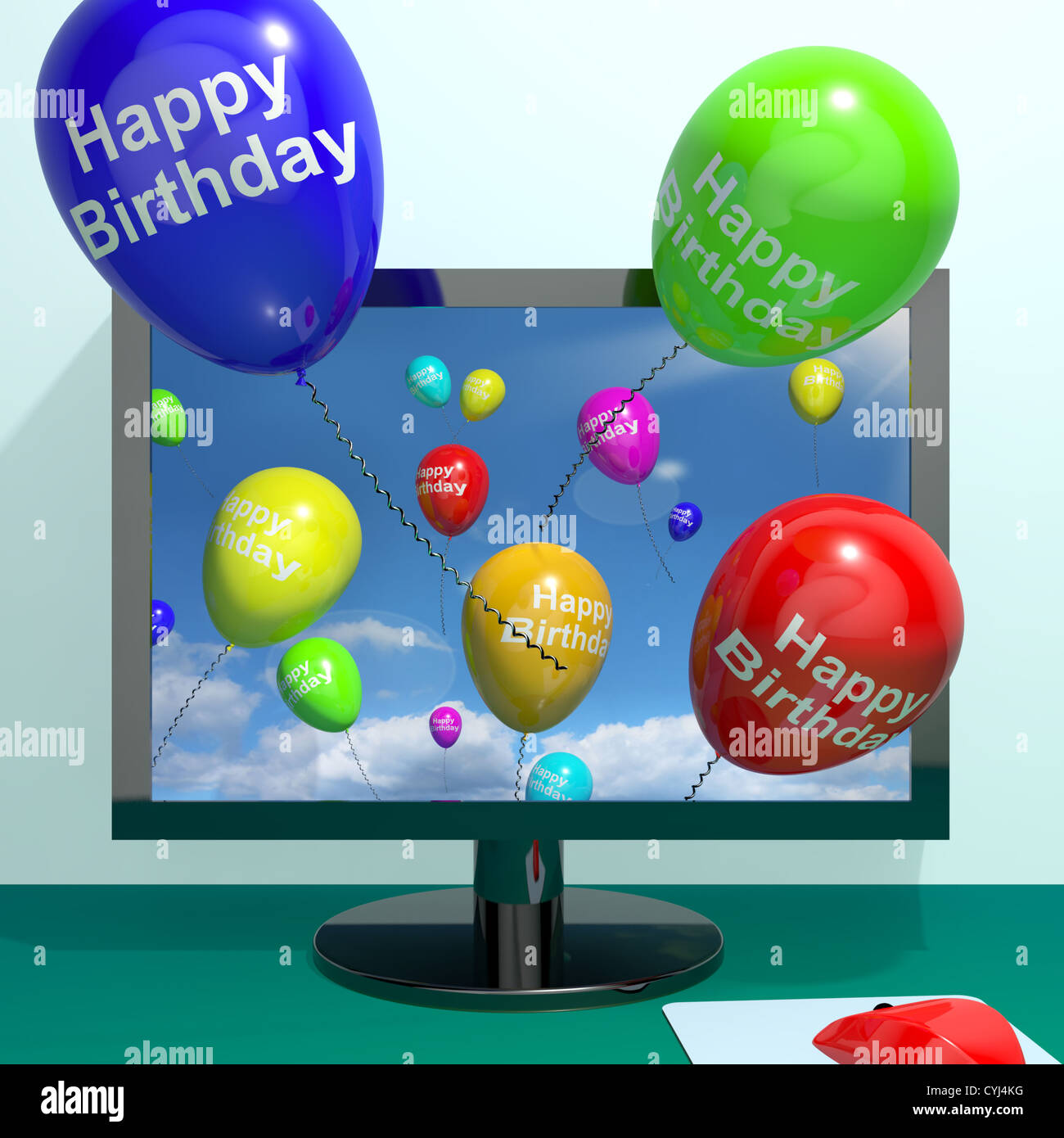 Palloncini multicolori Saluto da Computer celebrando Buon compleanno Foto Stock