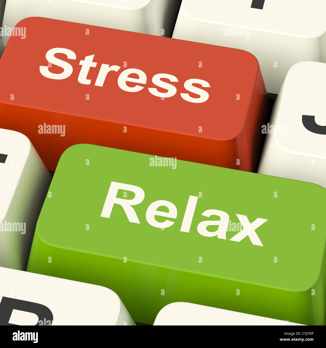Lo stress Relax chiavi computer mostra una pressione di lavoro o di relax Online Foto Stock