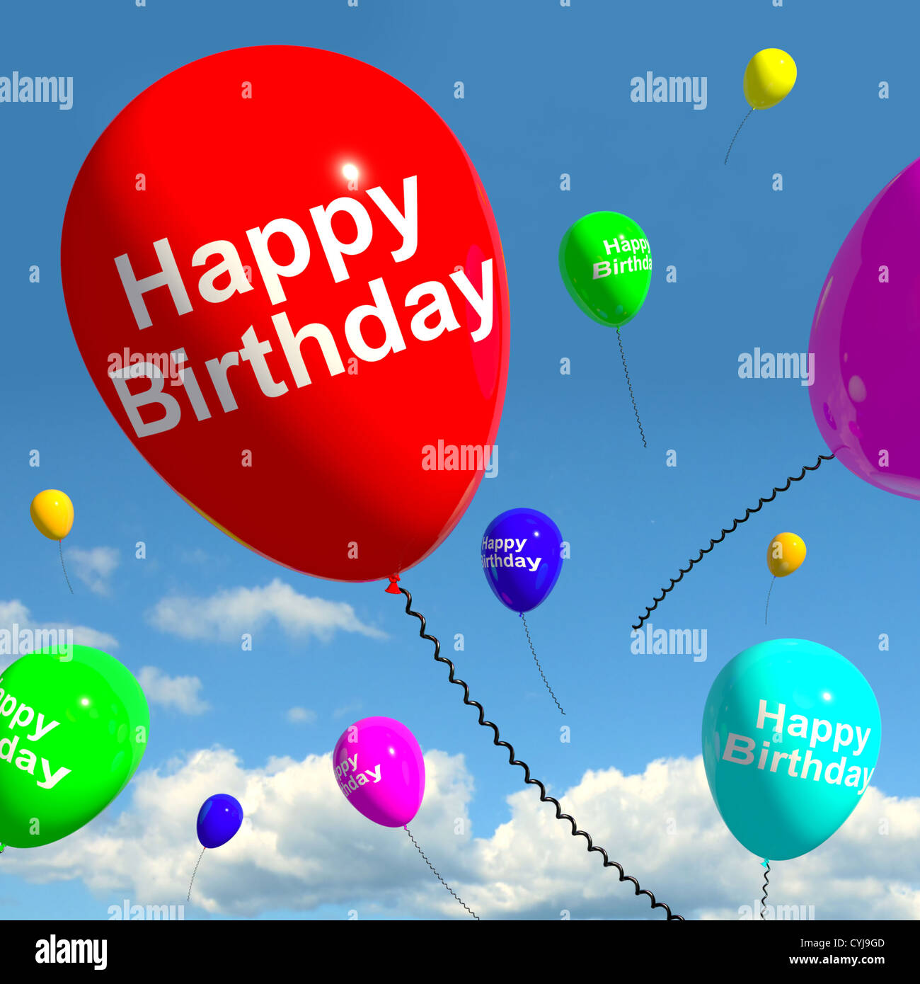 Palloncini multicolori in cielo per celebrare la felice compleanno Foto Stock