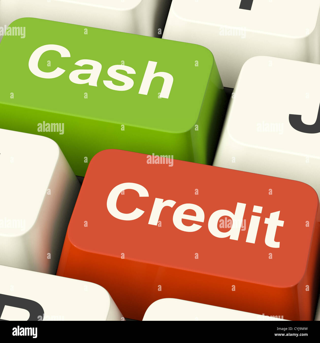 Contanti e tasti di credito che mostra gli acquisti dei consumatori utilizzando denaro o debiti Foto Stock