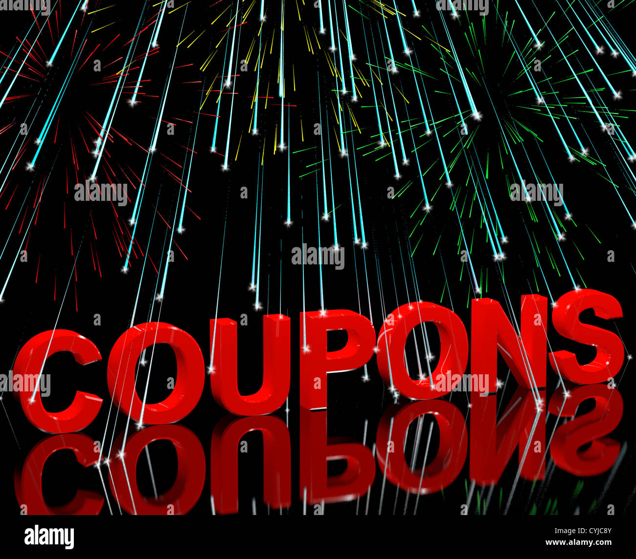 Coupon parola con fuochi d'artificio mostra buoni per riduzioni o sconti Foto Stock