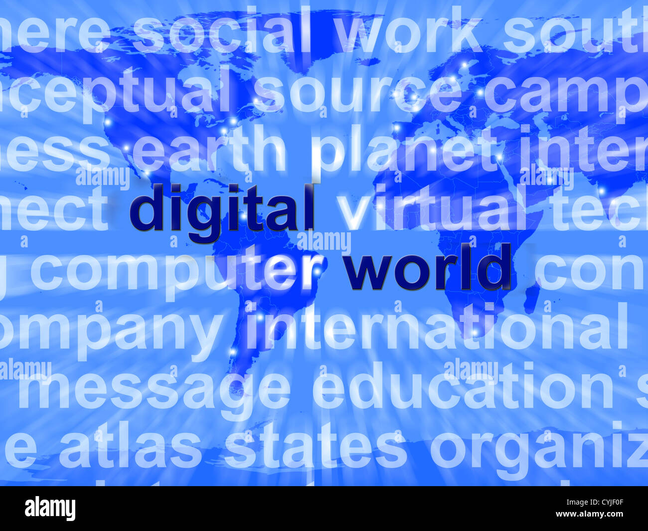 Mondo digitale parole sulla mappa che mostra mondiale di Internet o reti in tutto il mondo Foto Stock