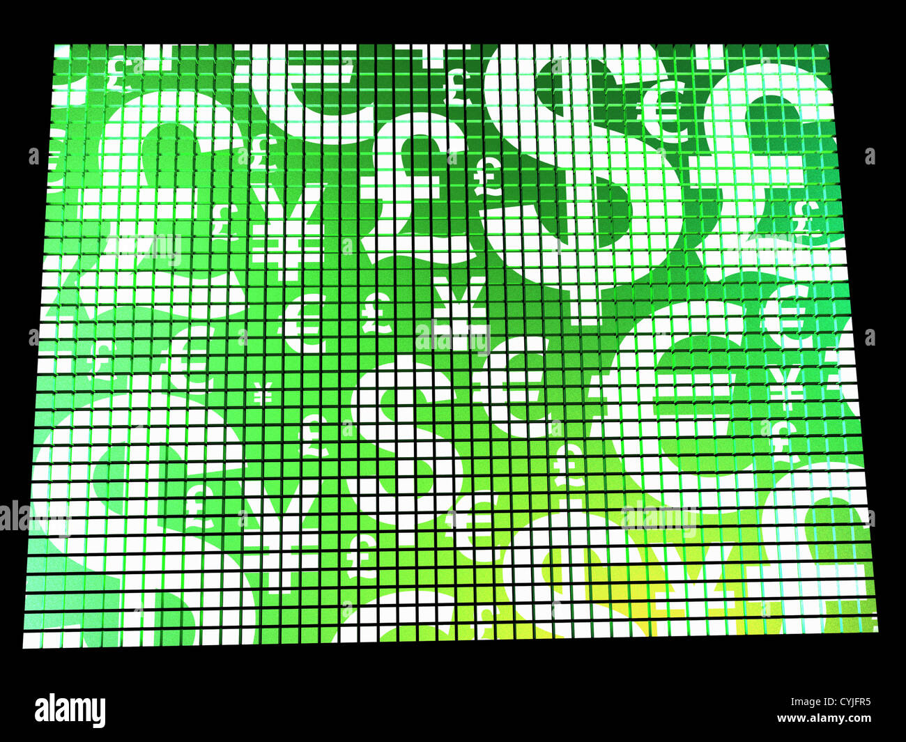 Simboli di valuta sul Compter schermata mostra i tassi di cambio e delle finanze Foto Stock