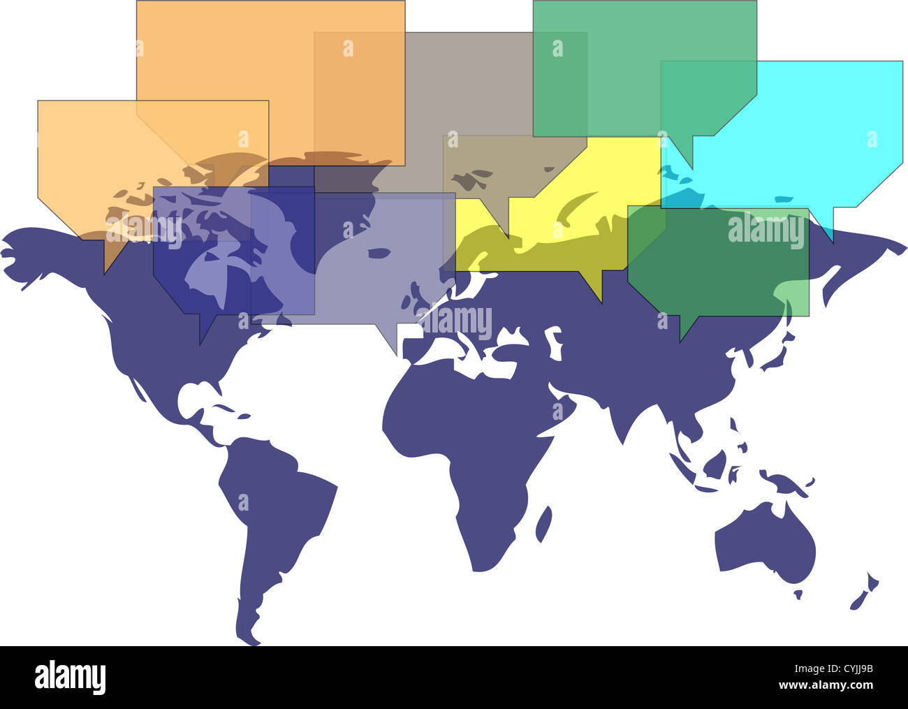 Mappa del mondo con diversi palloncini comunicante Foto Stock