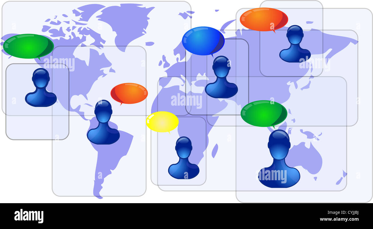 Blue World map con persone di colore blu in comunicazione Foto Stock