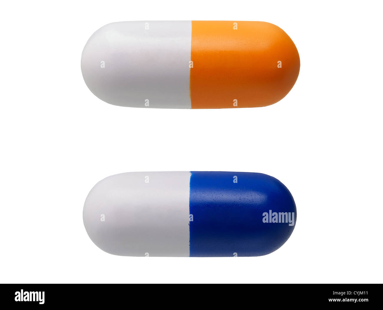 Due a forma di pillola anti-stress giocattoli isolati su sfondo bianco. Foto Stock