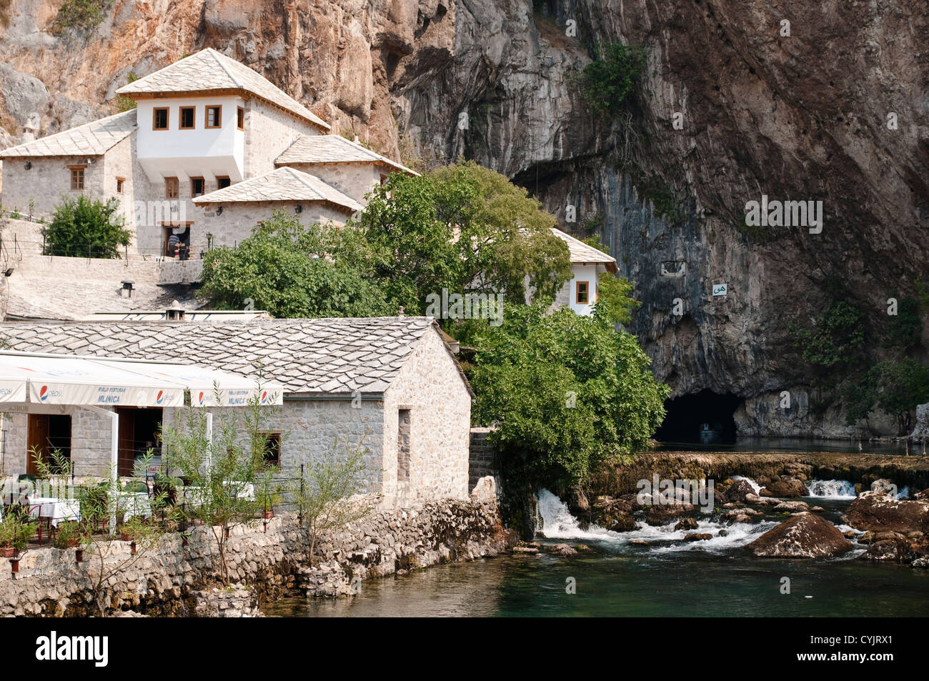 Tekija - casa Dervish e fiume Buna molla, Blagaj, Bosnia Erzegovina Foto Stock