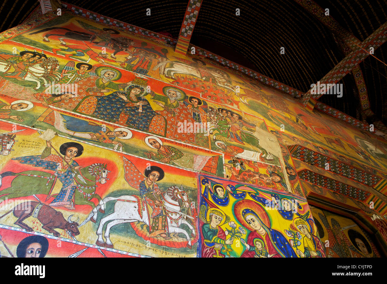 Murales nel XVI secolo il monastero cristiano e la chiesa, Zege Penisola, Lago Tana, Etiopia, Africa Foto Stock