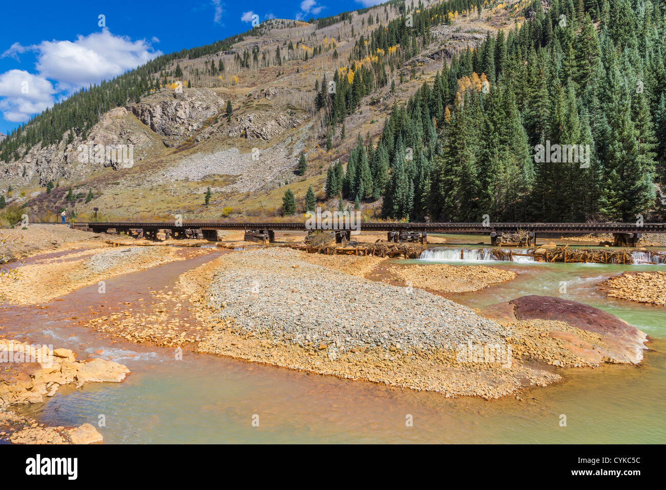 Animas River ponte ferroviario appena fuori Silverton in Durango e Silverton Narrow Gauge Railroad. Foto Stock