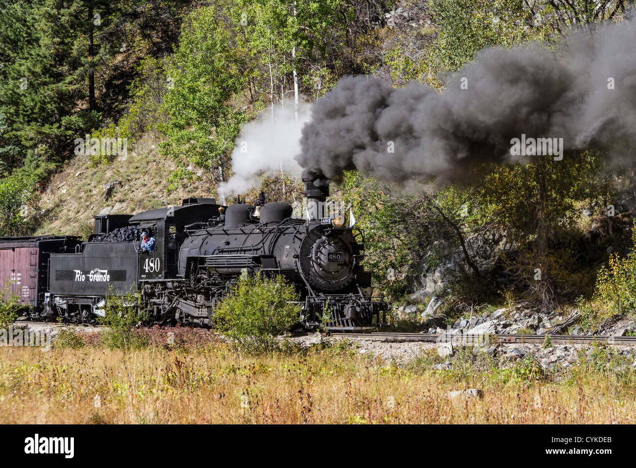 1925 2-8-2 Mikado tipo Baldwin locomotiva a vapore che tira storico treno misto consistono a Needles Creek in San Juan Mountains in Colorado. Foto Stock