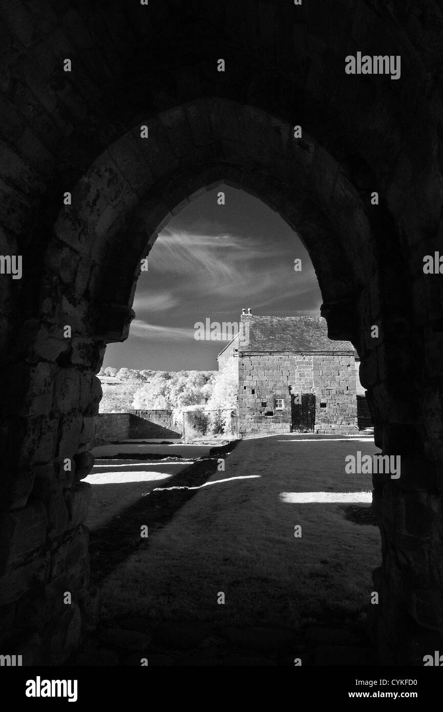 Infrarossi immagine monocromatica di Croxden Abbazia Cistercense rovine, vicino Uttoxeter Staffordshire solo uso editoriale Foto Stock