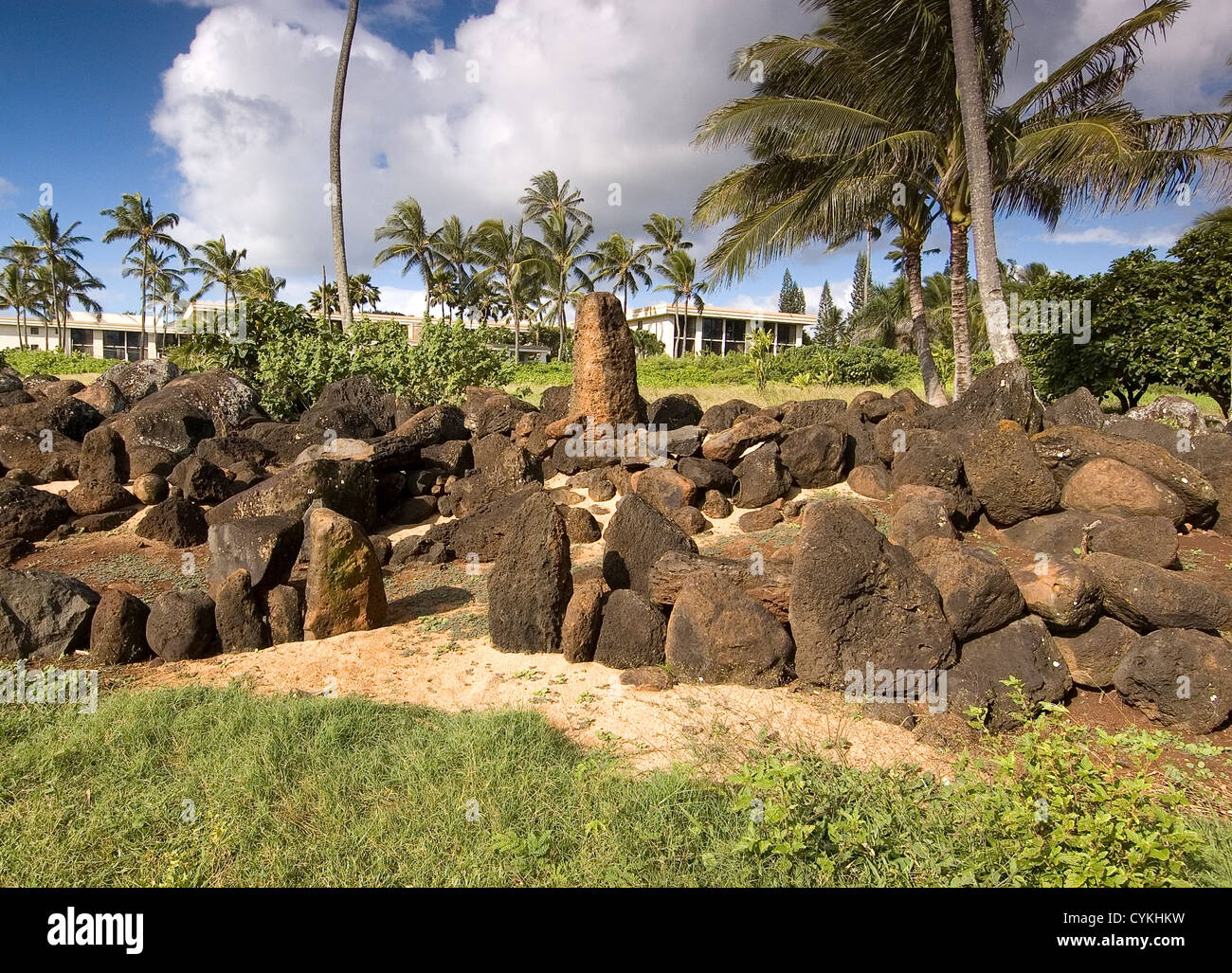 Elk284-7541 Hawaii, Kauai, Fiume Wailua parco statale, Hikina un Ka La Heiau, hawaiano antico luogo sacro tempio Foto Stock