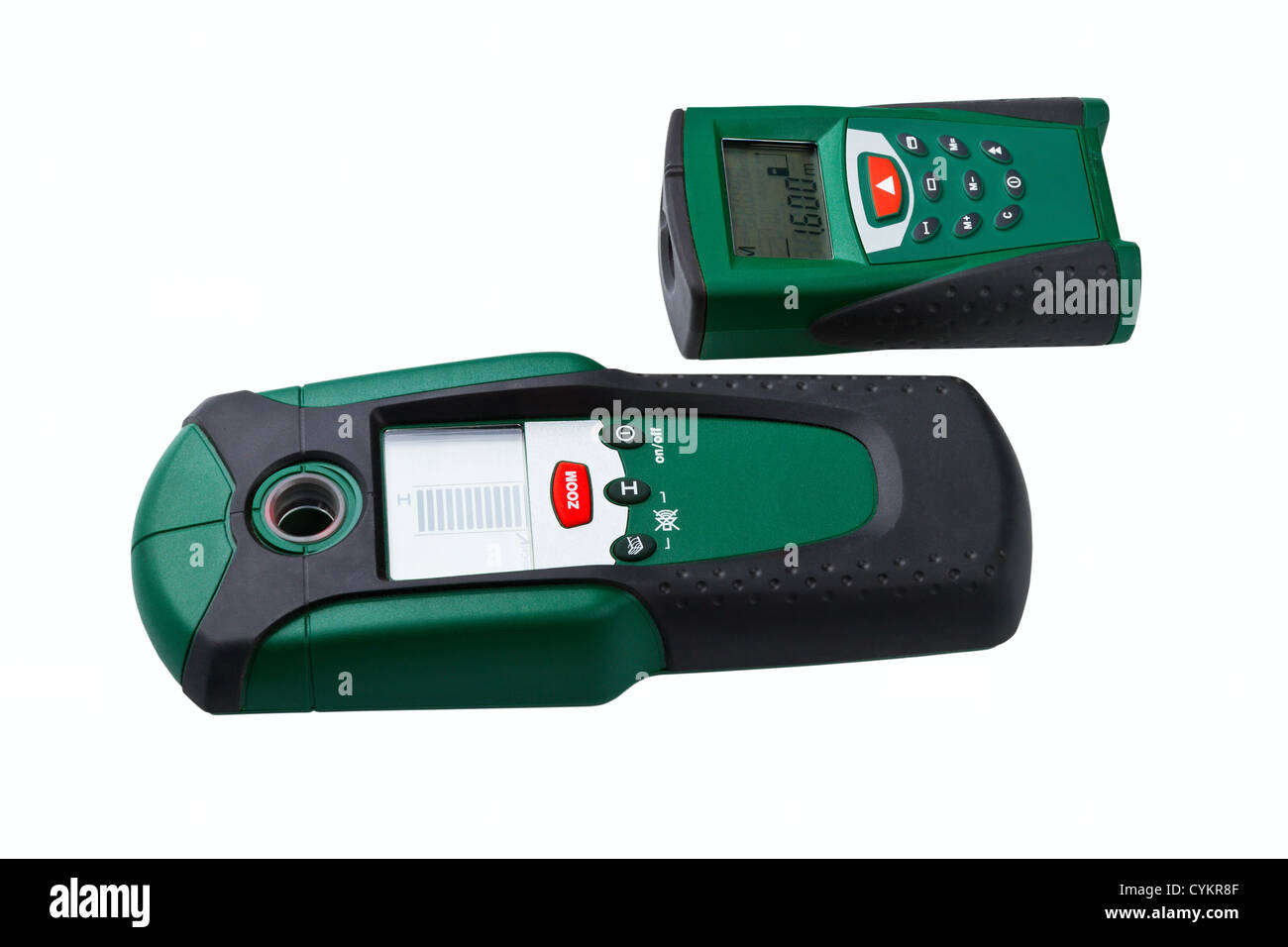La pinza e il telemetro a laser su sfondo bianco Foto Stock