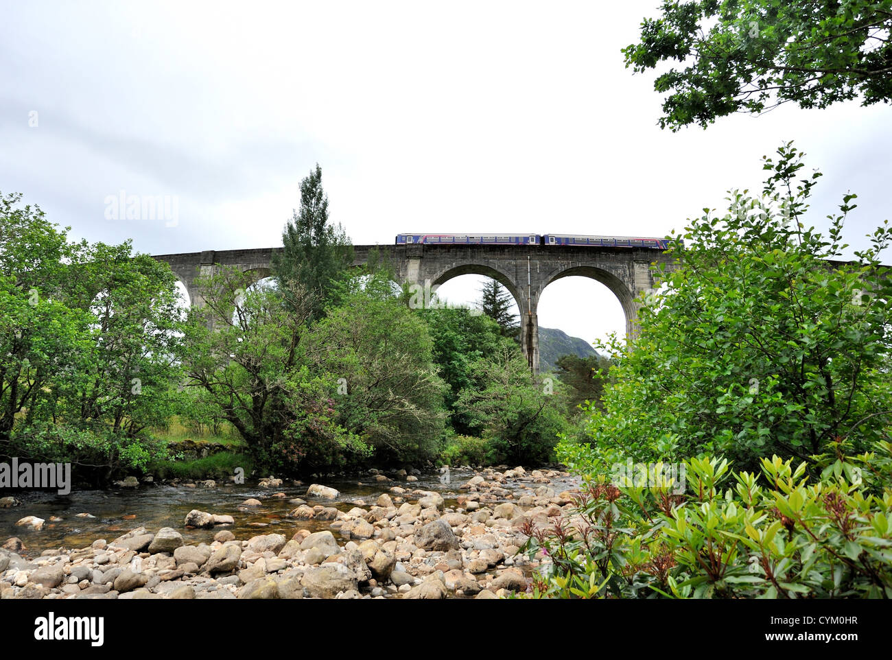 Un " commuter " treno attraversa il viadotto Glenfinnan nelle Highlands scozzesi Foto Stock