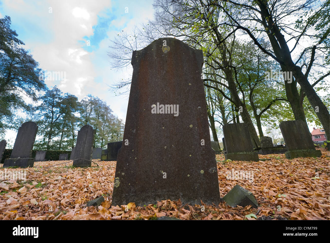Un vecchio oggetto contrassegnato per la rimozione definitiva su un cimitero in autunno Foto Stock