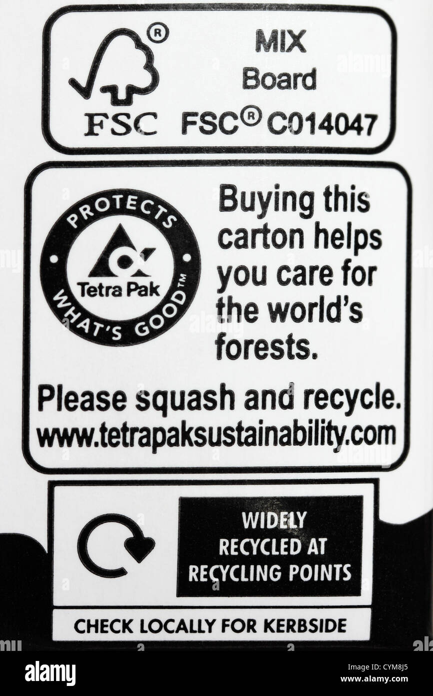 Tetra Pak informazioni riciclaggio sul lato di un cartone di latte Foto Stock