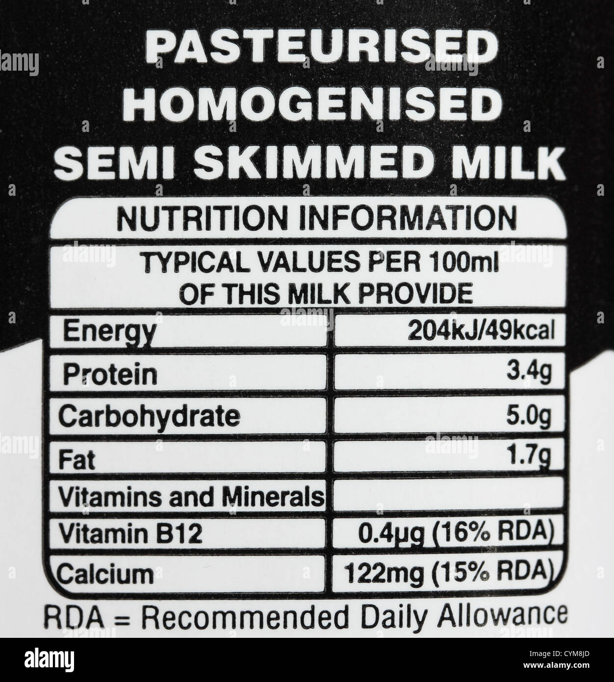 Pastorizzato il latte parzialmente scremato informazioni nutrizionali Foto Stock