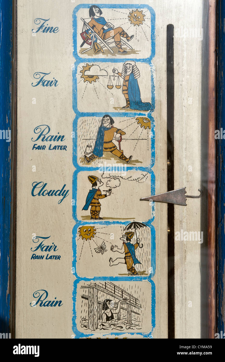Dettaglio di un illustrato le previsioni meteorologiche stazione sul lungomare di Hastings, East Sussex Foto Stock