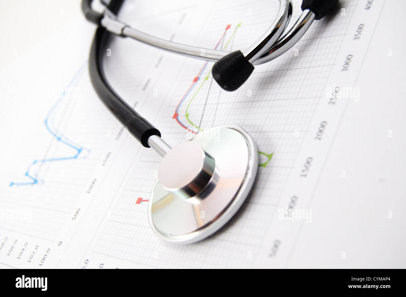 Uno stetoscopio su dati medici grafico in ospedale Foto Stock