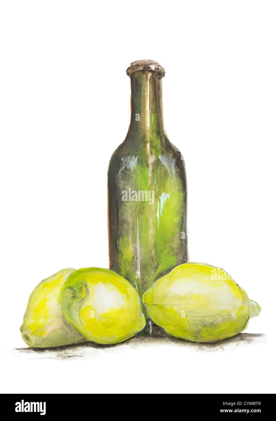 Limone giallo e vetro verde bottiglia di limonata ancora vita isolata -fatti a mano di pittura acrilica illustrazione su un foglio di carta bianca arte Foto Stock