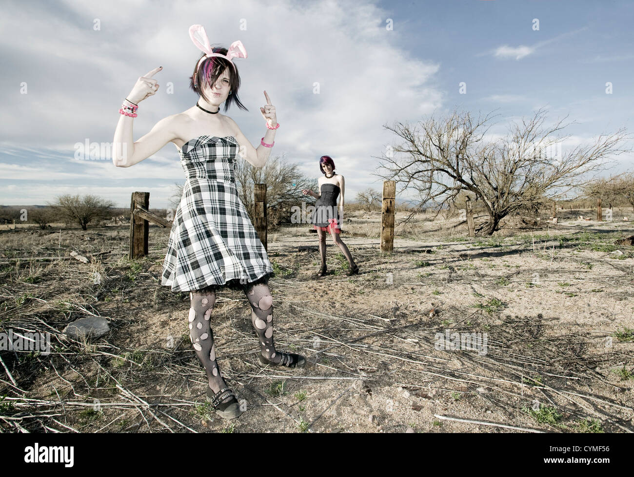 Due ragazze punk in posa di un ambiente rurale Foto Stock