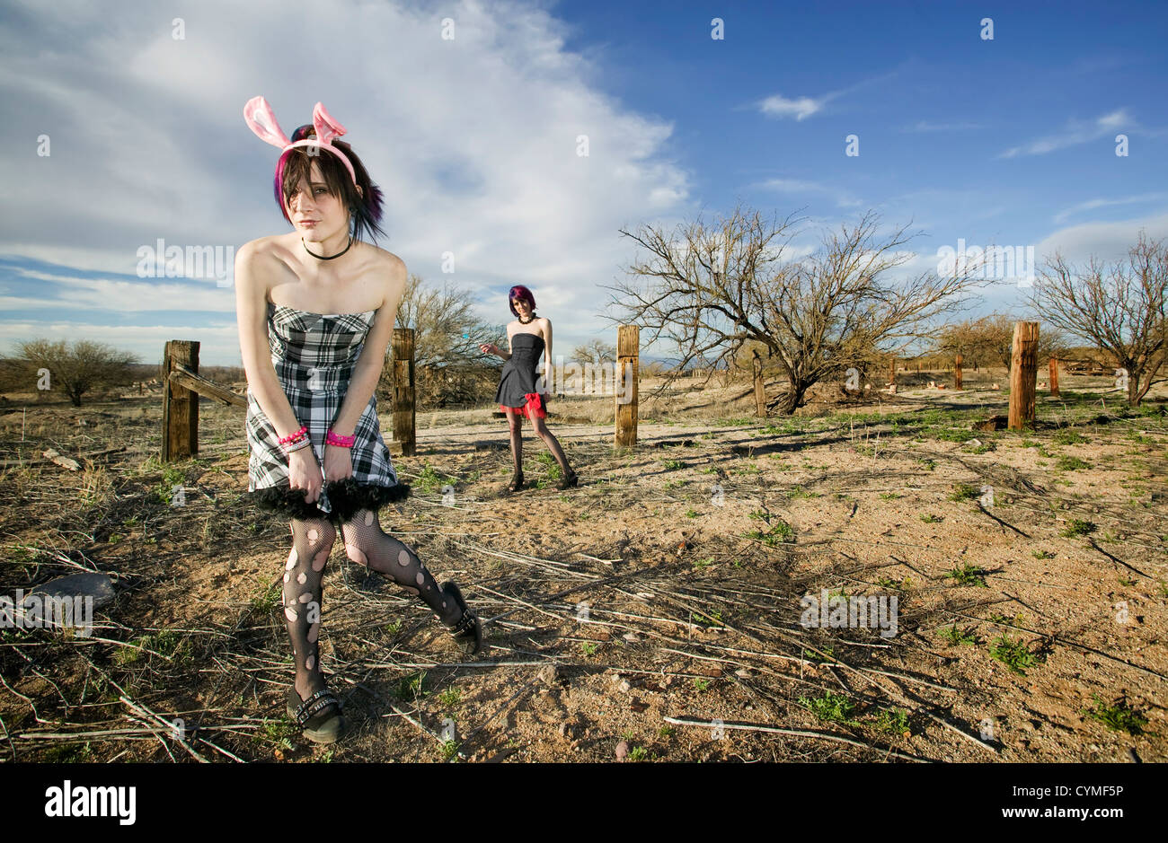 Due ragazze punk in posa di un ambiente rurale Foto Stock