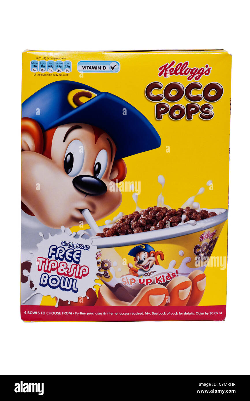 Una scatola di Kellogg's coco pops su sfondo bianco Foto Stock