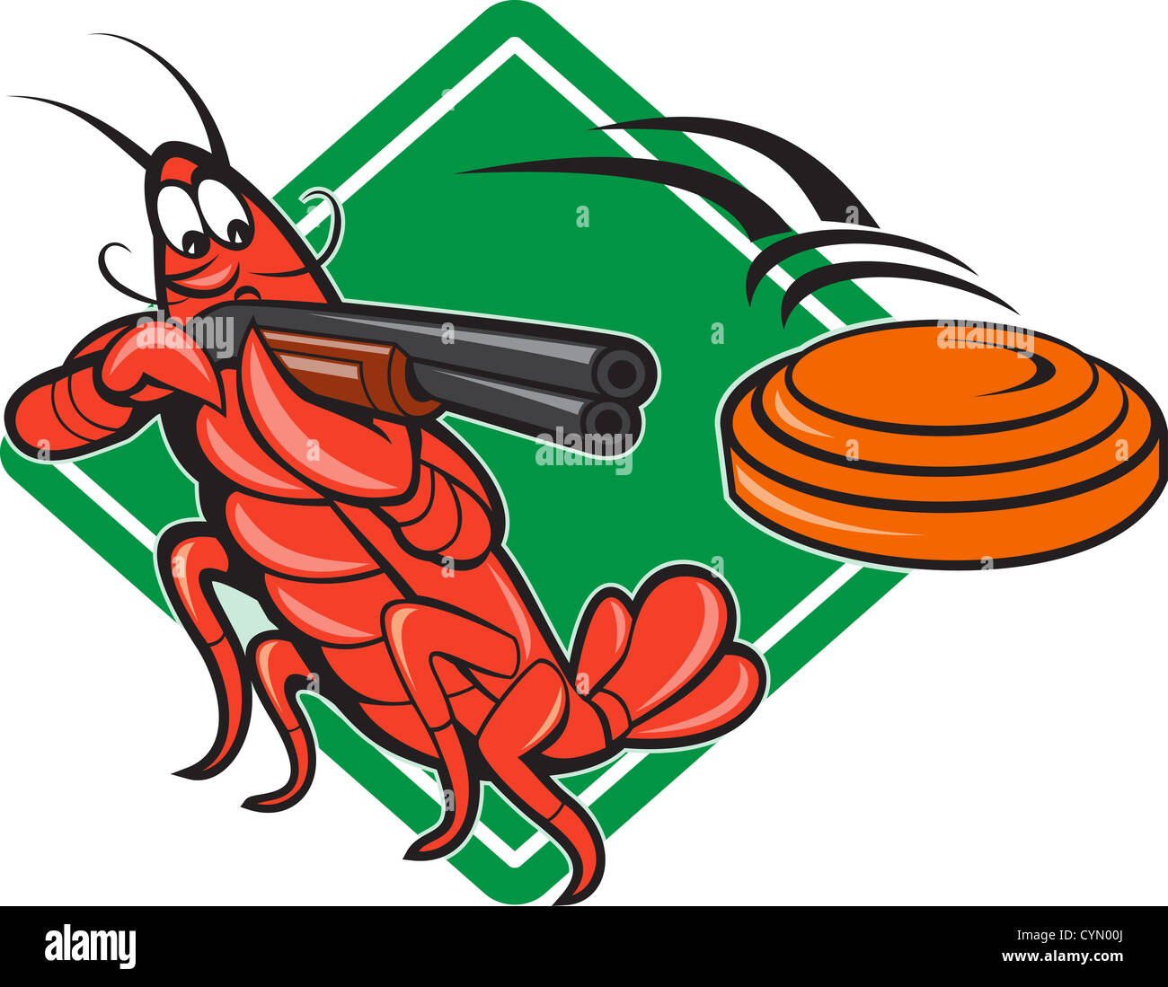 Illustrazione di un gambero aragosta skeet di tiro con fucile fucile mirando a battenti di argilla con disco a forma di diamante in fatto di sfondo in stile cartoon. Foto Stock