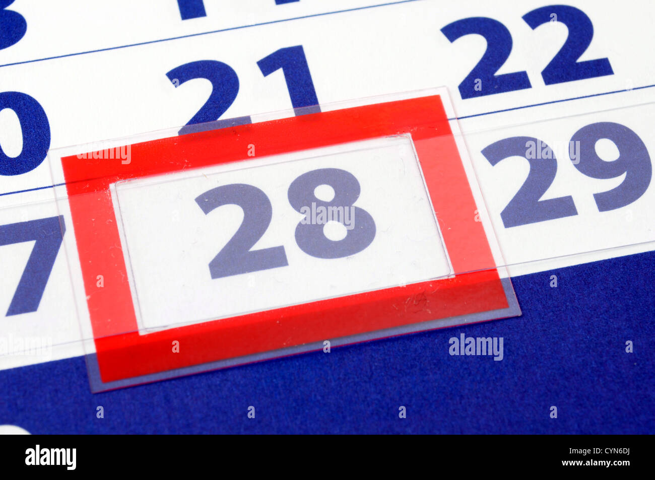 Data di calendario che mostra il giorno della settimana e del mese dell'anno Foto Stock