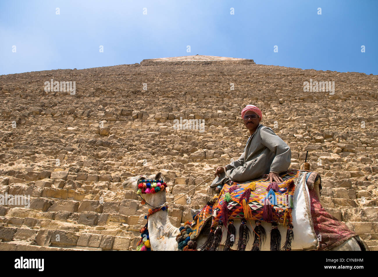 Un egiziano uomo seduto sul suo cammello dalla grande Piramide di Giza. Foto Stock