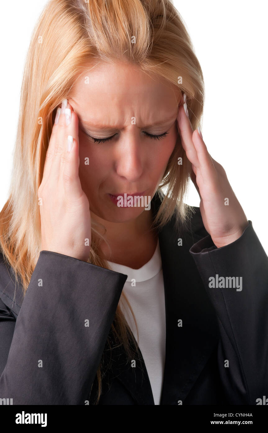 Business donna che soffre di un mal di testa, tenendo le mani alla testa Foto Stock