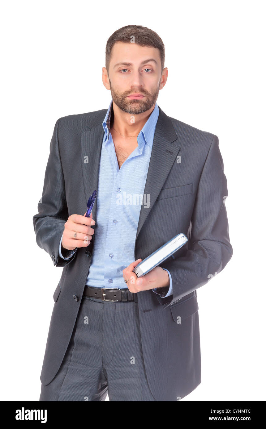 Ritratto di pensosa business man con il diario su sfondo bianco Foto Stock