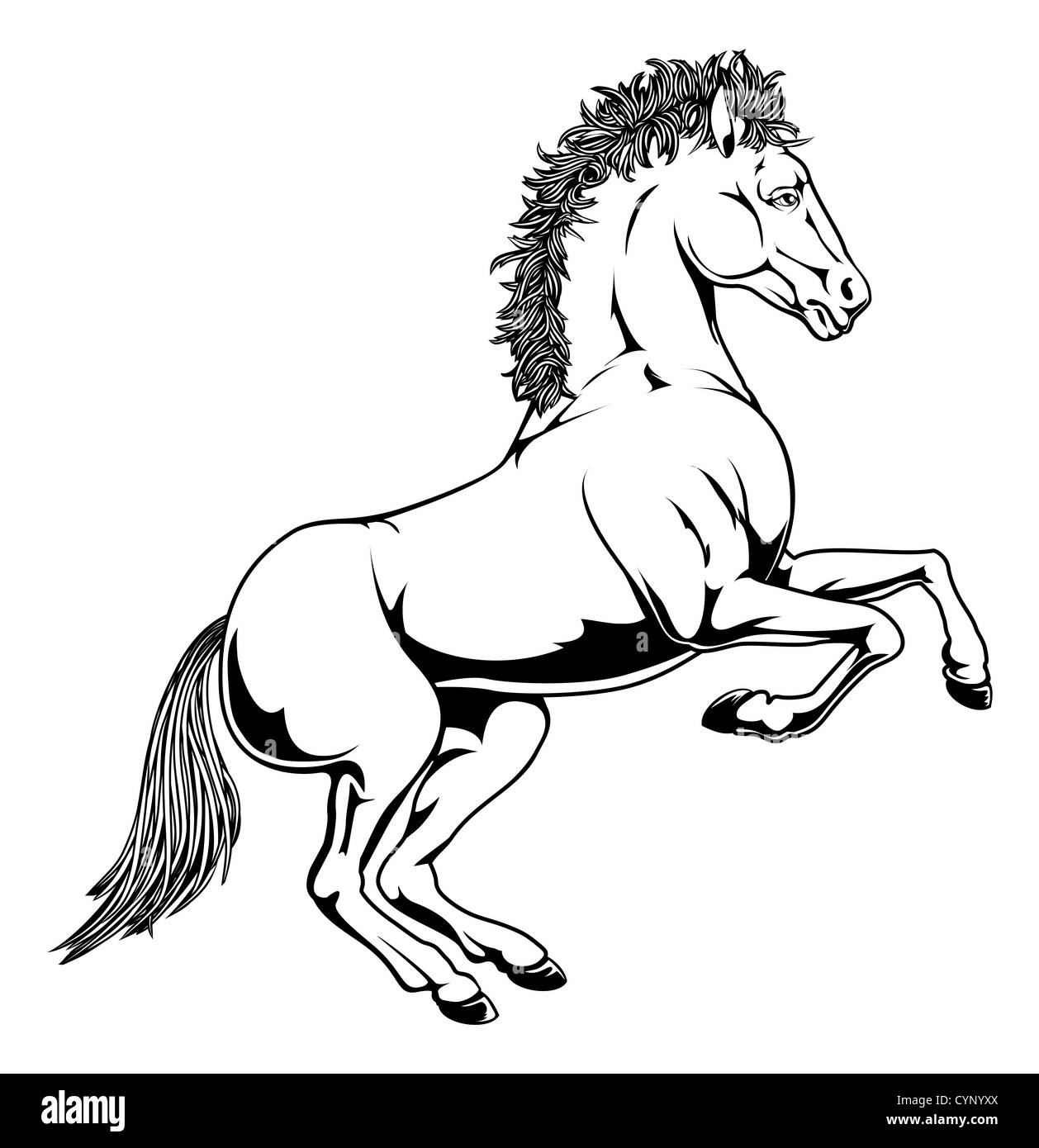 Una illustrazione di un bianco e nero monocromatico allevamento di cavalli sulle zampe posteriori Foto Stock