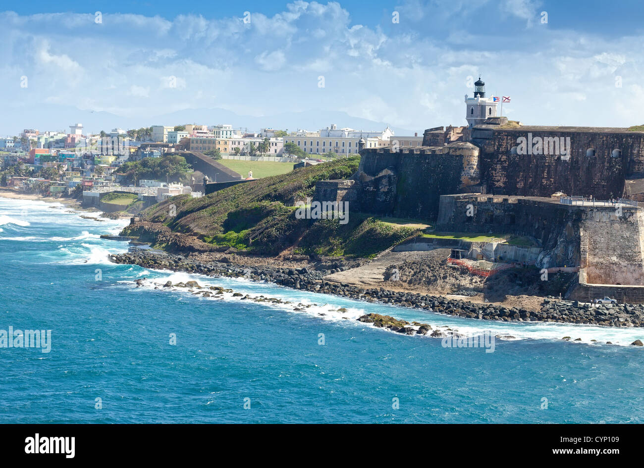 Costa di San Juan, Puerto Rico e l antico castello El Morro. Foto Stock