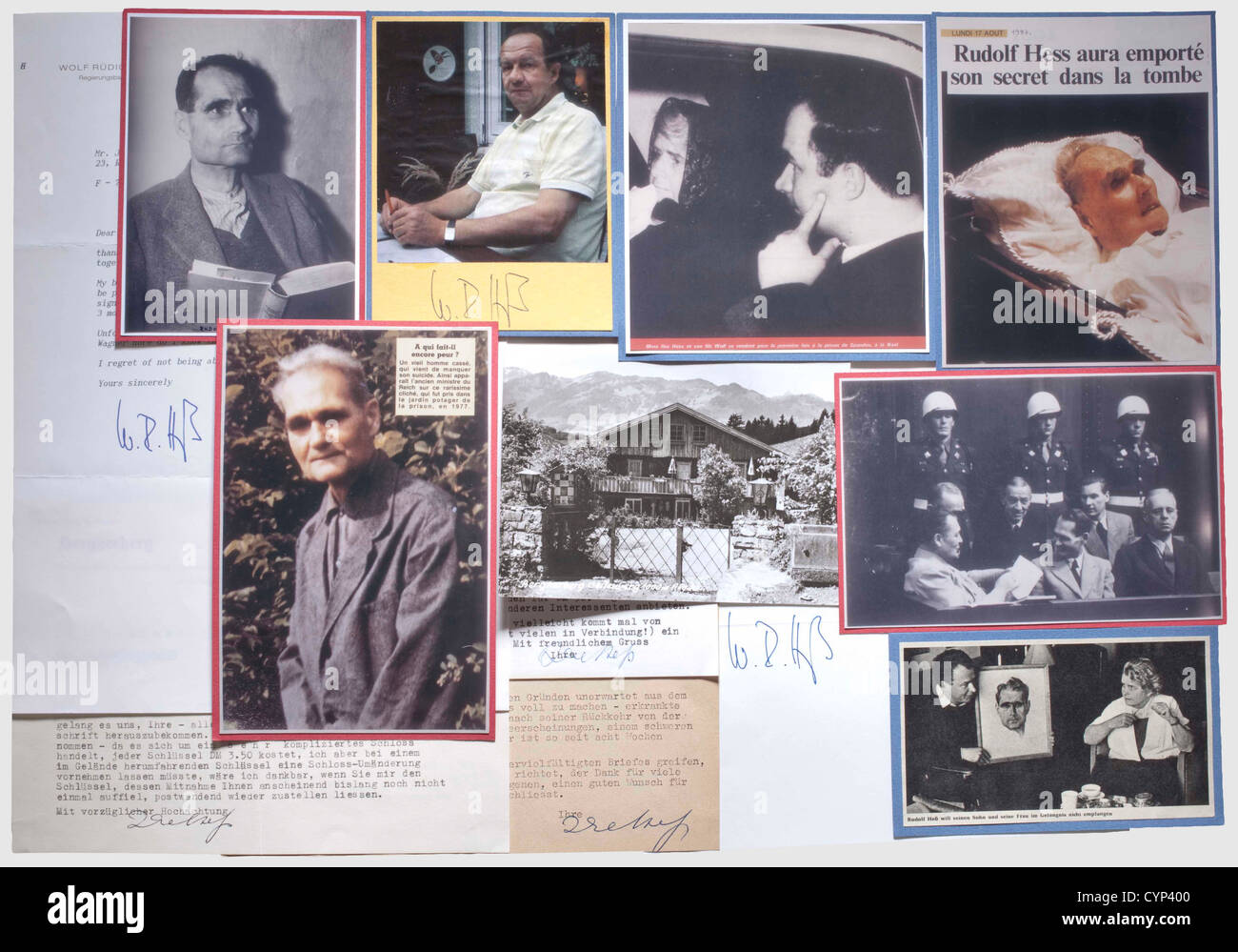 Rudolf Heß - una nota a matita scritta a mano dai processi di Norimberga, al suo avvocato Dr.Alfred Seidl, datato e firmato 'Heß 14.3.46'.'ho riflettuto su Göring facendo una dichiarazione sul volo per l'Inghilterra.se lui dovesse essere interrogato, troppo peso sarebbe dato alla prova della mia intenzione davanti a questo Court.Let Ci concentriamo sul protocollo Simon.vi chiedo quindi di non mettere in discussione testimone Göring.'(transl.)documento significativo.con tre firme di Ilse Heß 1958,1966,e 1982,tre da Wolf Rüdiger Heß 1994,una cartolina fotografica del Bergherberg ,diritti aggiuntivi-clearences-non disponibile Foto Stock