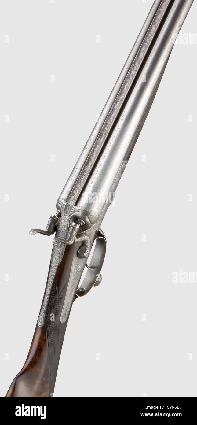 Un fucile-bersaglio - 'Feuerstutzen', G. Fuchs di Marktbreit circa 1900, cal. 8.15 x 46 R, n. 278(fondo della radice del cilindro). Cilindro ottagonale, foro luminoso con profilo affilato, pochi segni di utilizzo chiaro, rifinito in modo impeccabile, su costola ondulata con marchio 'G. FUCHS, MARKTBREIT', lunghezza 78 cm. Action case con ricco decoro vite e profondamente tagliato immagine di marcatista, difficilmente evidente graffio vicino al lato inferiore sulla sinistra. Büchel sistema Brillant, contrassegnato a prova: Corona 'U', sul lato superiore della scatola contrassegnato con 'D. R. G. M. BRILLANT', doppio grilletto. Stock tirolese splendidamente intagliato di alta qualità w,Additional-Rights-Clearences-non disponibile Foto Stock Un fucile-bersaglio - 'Feuerstutzen', G. Fuchs di Marktbreit circa 1900, cal. 8.15 x 46 R, n. 278(fondo della radice del cilindro). Cilindro ottagonale, foro luminoso con profilo affilato, pochi segni di utilizzo chiaro, rifinito in modo impeccabile, su costola ondulata con marchio 'G. FUCHS, MARKTBREIT', lunghezza 78 cm. Action case con ricco decoro vite e profondamente tagliato immagine di marcatista, difficilmente evidente graffio vicino al lato inferiore sulla sinistra. Büchel sistema Brillant, contrassegnato a prova: Corona 'U', sul lato superiore della scatola contrassegnato con 'D. R. G. M. BRILLANT', doppio grilletto. Stock tirolese splendidamente intagliato di alta qualità w,Additional-Rights-Clearences-non disponibile Foto Stock