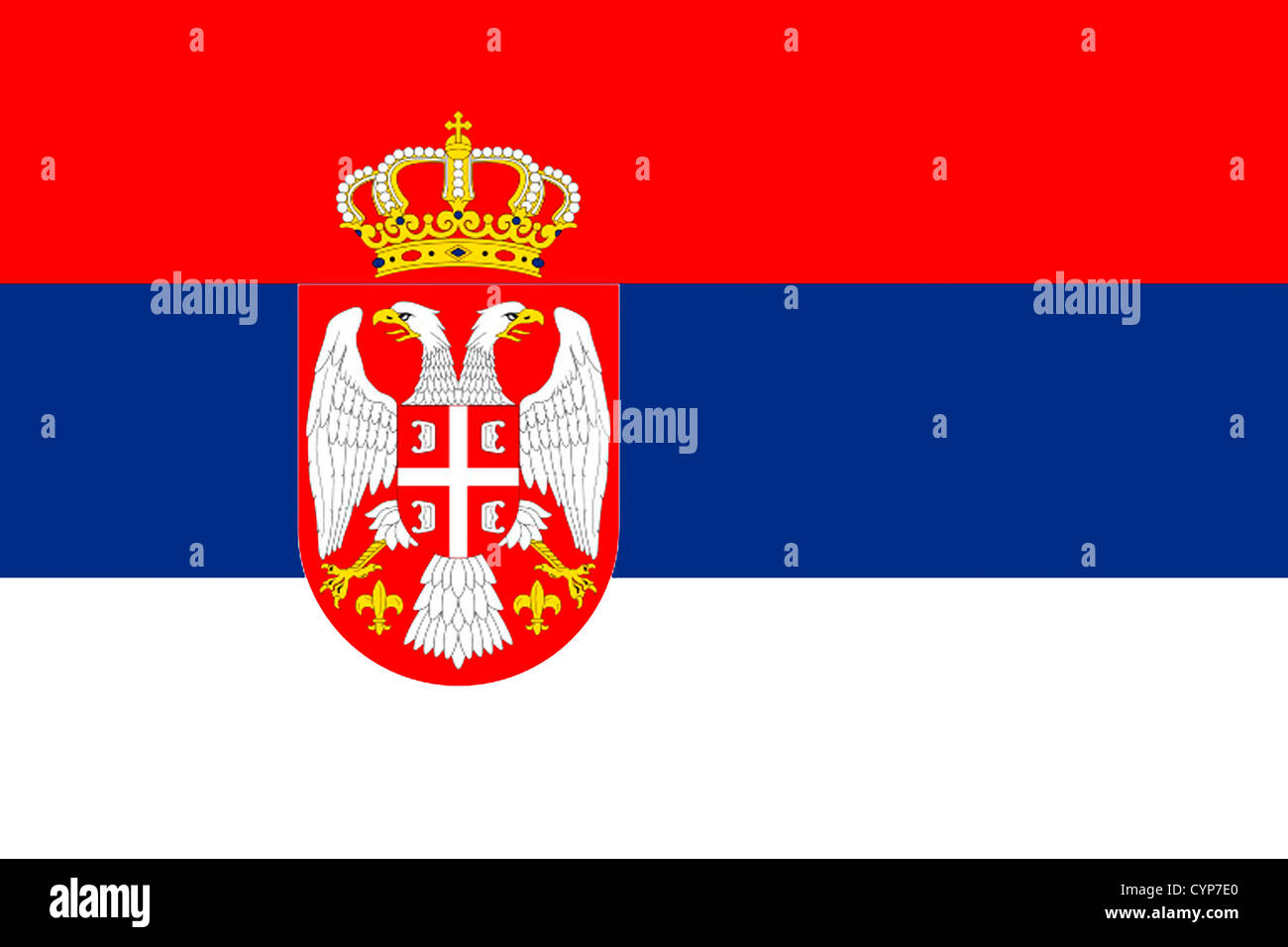 Bandiera della Repubblica di Serbia con lo stemma nazionale. Foto Stock