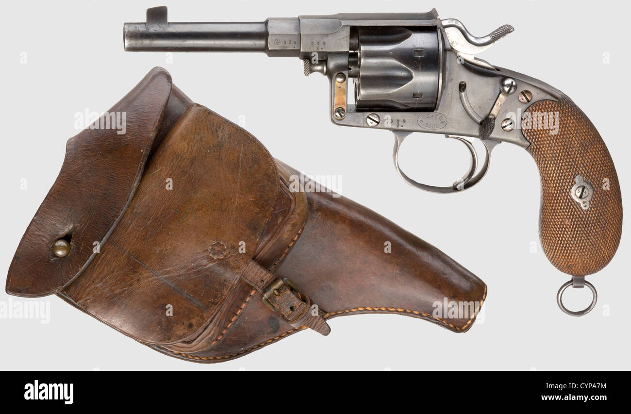 Un revolver di percussione di prova raro,nel suo caso,Stahl in Hassfurth,circa 1865,cal.9 mm,no.10.Matching numbers.Bore luminoso,cilindro ottagonale,lunghezza 208 mm.5-shot.azione singola.lato superiore del cilindro inciso 'R.STAHL IN HASSFURT'.tutte le parti tranne il cilindro con incisione elaborata e profonda.arma originale grigio rotazione del cilindro.un anello di noce.ora con un lato di taglio di vite parzialmente Rotazione cilindro,riparabile.molto buona condizione generale di un revolver di prova Stahl con unus,diritti aggiuntivi-clearences-non disponibile Foto Stock