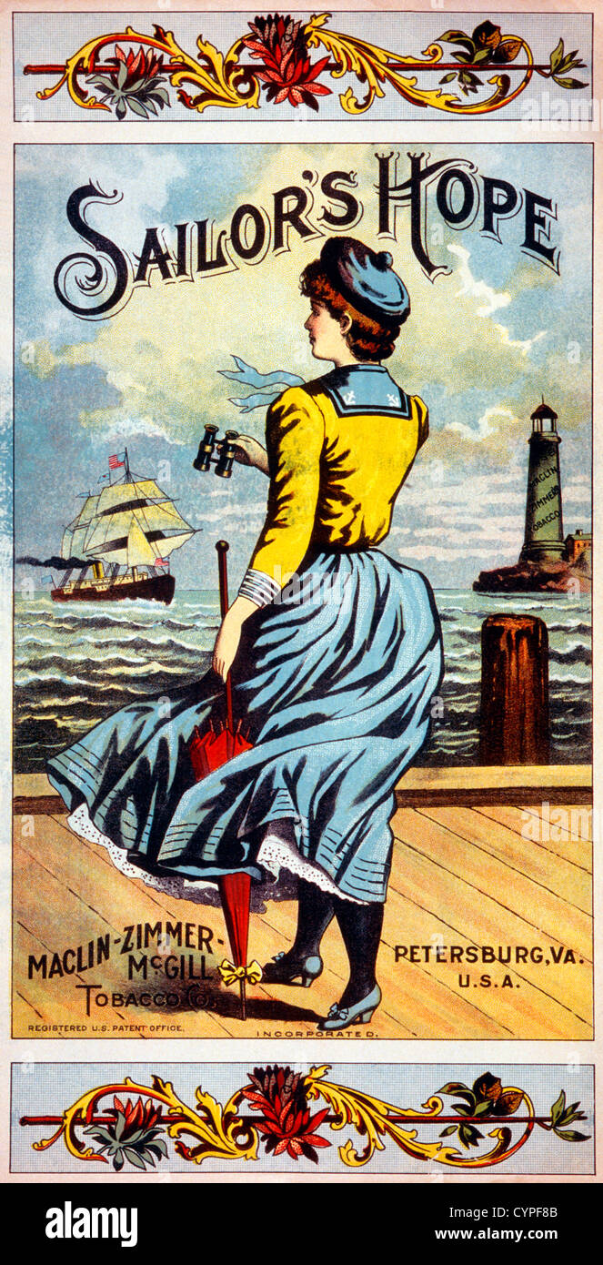 Donna in piedi sul Dock guardando la nave in porto, la pubblicità per il tabacco Company, circa 1898 Foto Stock