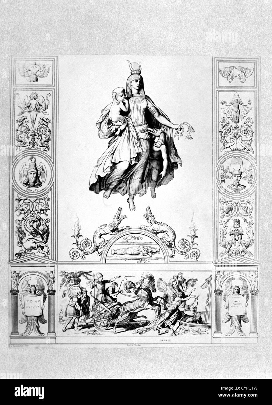 Natura egizia dea Iside, figlia della dea del cielo, il dado e la messa a terra Dio Geb, incisione, 1880 Foto Stock