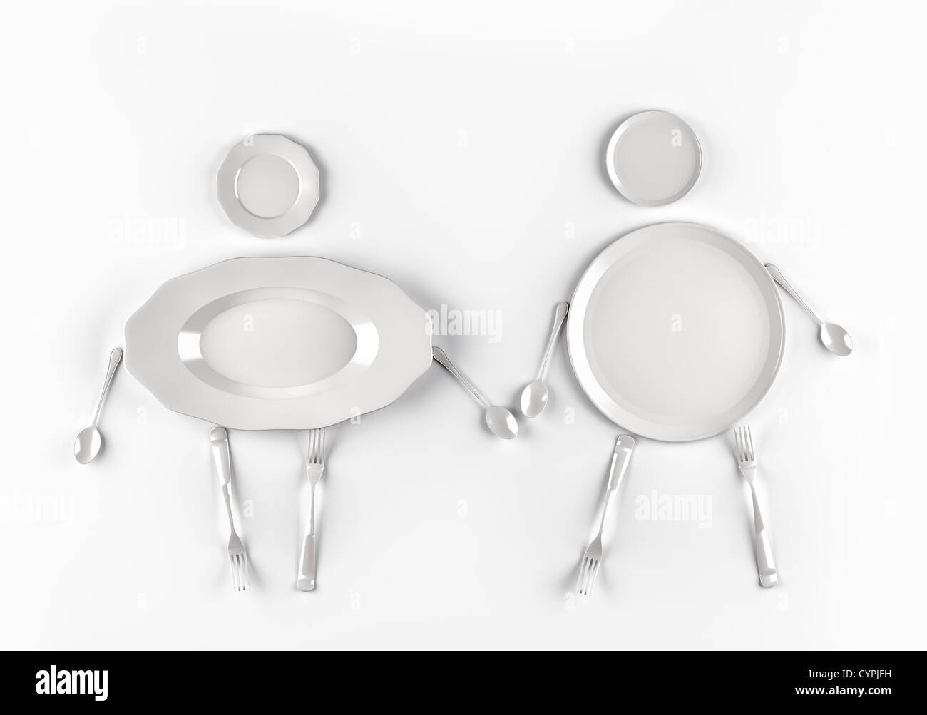 Le figure di uomini e donne e stilizzata da piatti su sfondo bianco Foto Stock